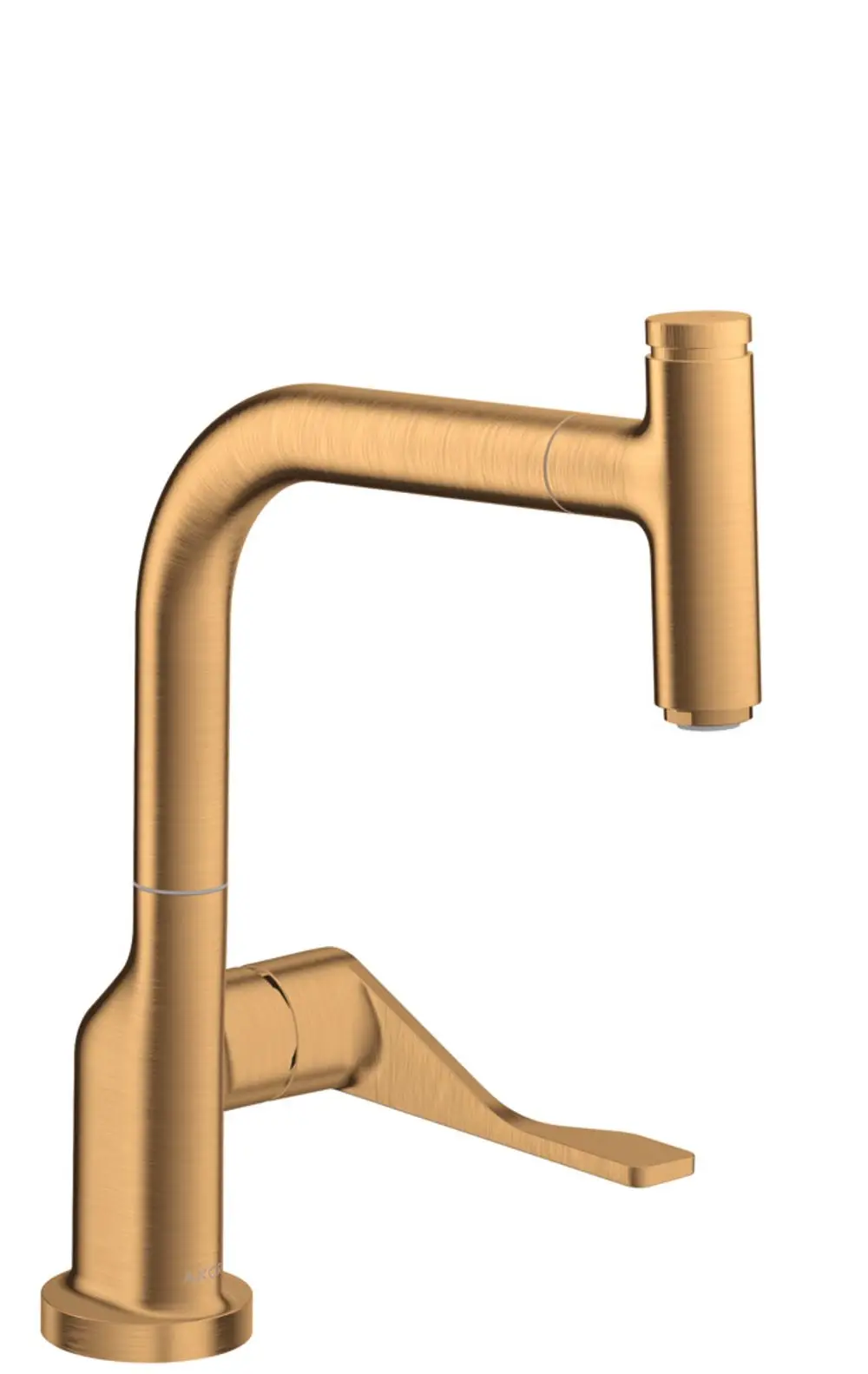Küchenmischer von AXOR mit Ausziehauslauf in gebürstetem Gold-Finish. Das Design ist schlicht und modern, mit einem einteiligen, geformten Auslauf und einem seitlichen Hebel.